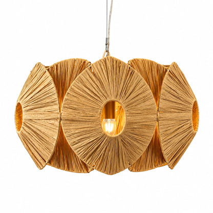 Designer 6 light raffia chandelier featuring textured natural fiber panels for elegant interiors