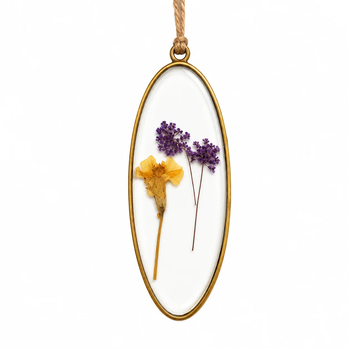 Handmade Oval Glass Suncatcher Pendant featuring preserved pressed flowers and a natural jute hanging cord – ILLUMEA