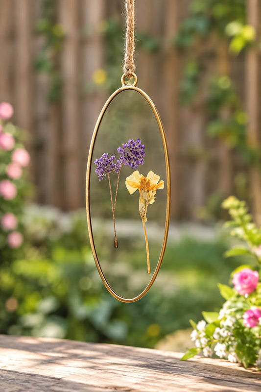 Oval Pressed Flower Glass Suncatcher Pendant with delicate dried botanicals and antique brass frame – ILLUMEA