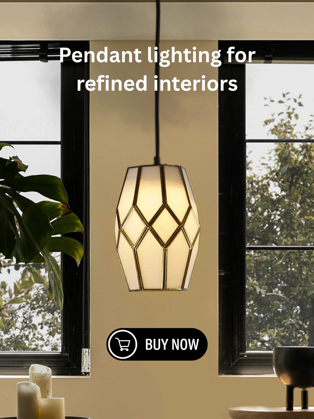 Geometric pendant light fixture in a room with large windows, promoting 'Pendant lighting for refined interiors'.