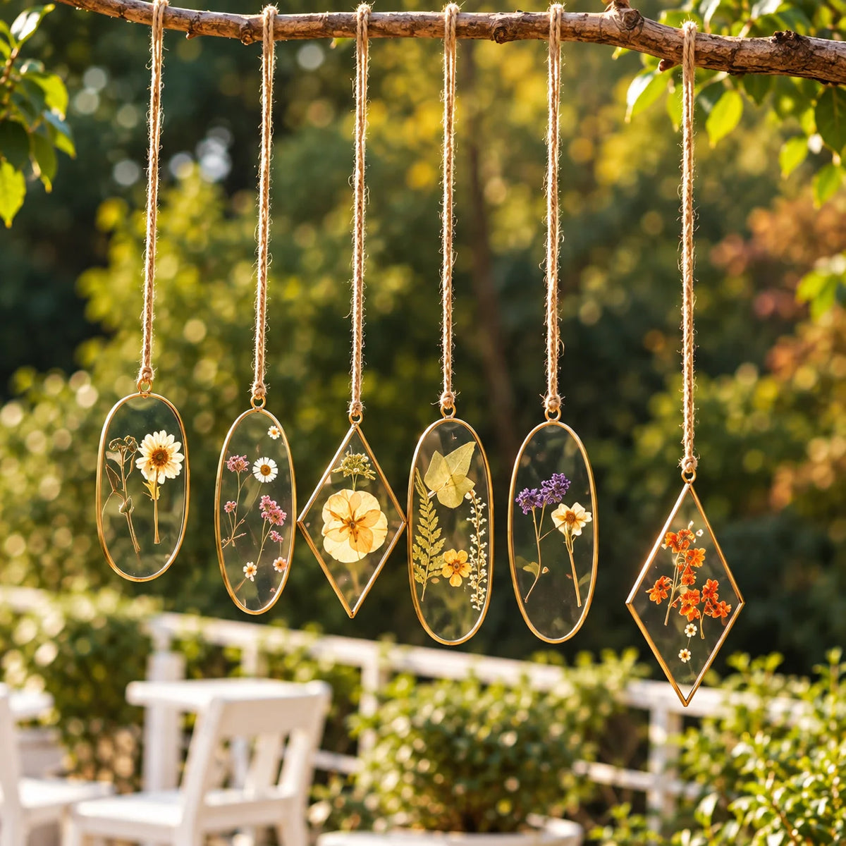 Decorative Oval Pressed Flower Suncatcher with transparent glass, botanical details and handcrafted metal frame – ILLUMEA