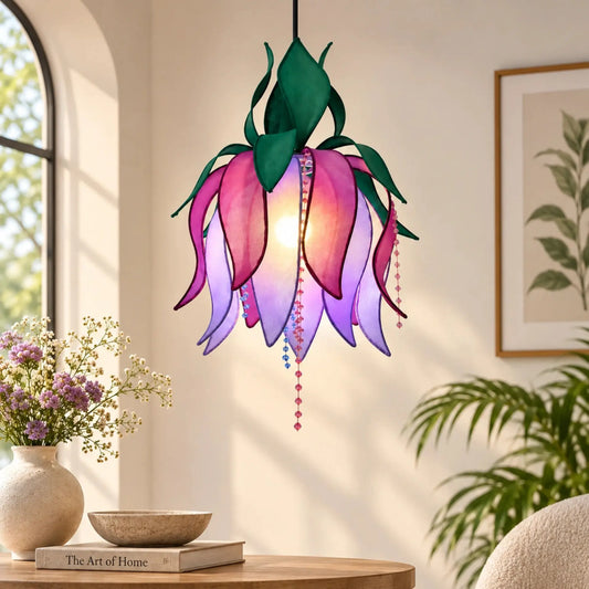 Purple Lotus Pendant Light with Layered Fabric Petals, Green Leaves, and Decorative Bead Details | ILLUMEA
