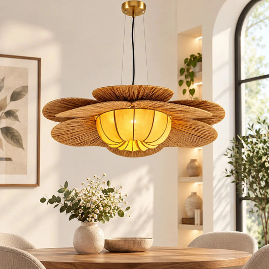 Raffia Pendant Lamp with Layered Natural Fiber Petal Shade and Warm Ambient Lighting for Home Décor | ILLUMEA