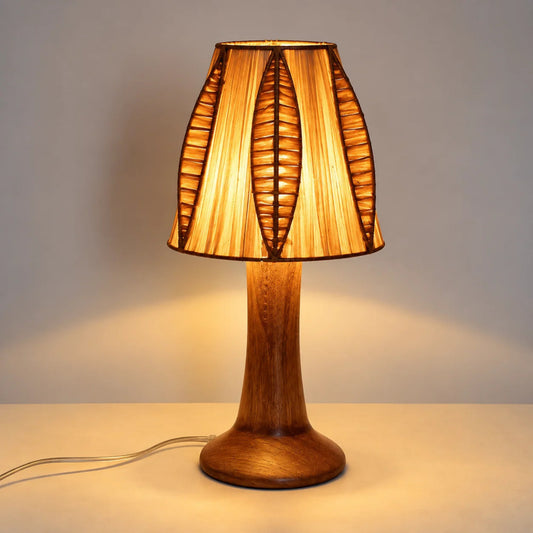 Rafia Shade Wood Base Table Lamp with a natural woven fiber shade and handcrafted wooden base for warm home décor – ILLUMEA