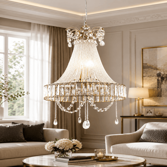Royale Crystal Glass Chandelier – ILLUMEA, luxury crystal ceiling light for elegant modern interiors