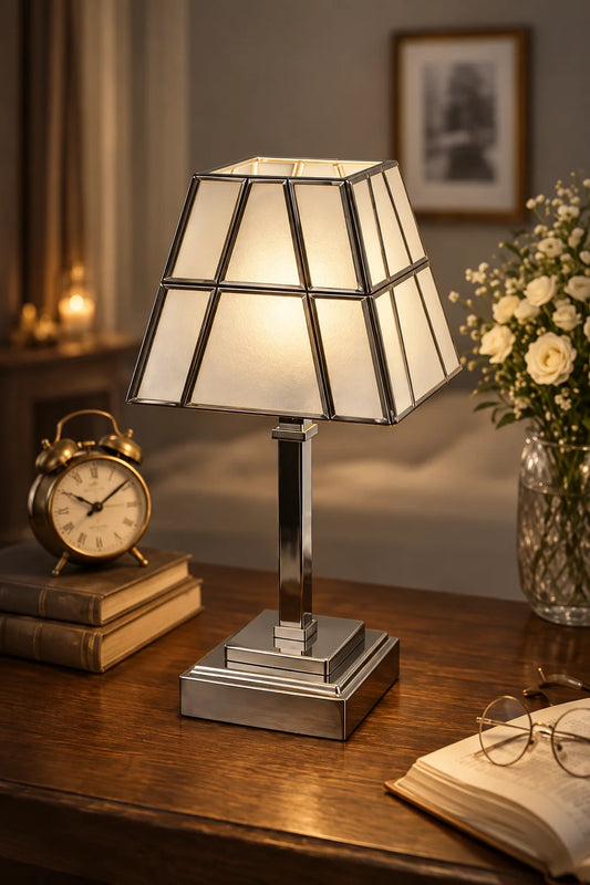 Square Conical Table Lamp with geometric glass shade and polished metal frame for elegant modern interiors – ILLUMEA