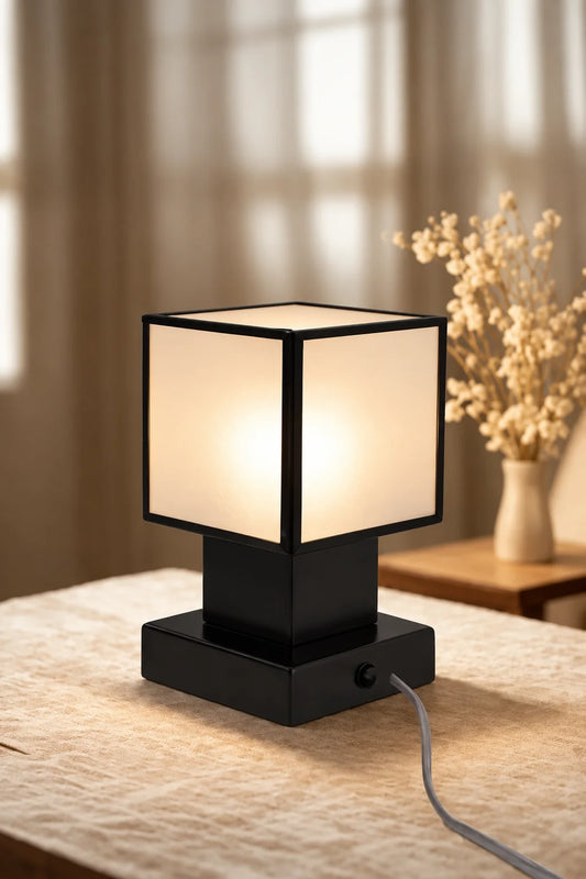 Square Glass Table Lamp with frosted glass panels and black metal frame for modern minimalist home décor – ILLUMEA