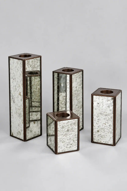 Luxury Square Mercury Glass Candle Holder Set of 4 – ILLUMEA handcrafted candle stands featuring antique silver glass panels, geometric square silhouettes and elegant metallic framing
