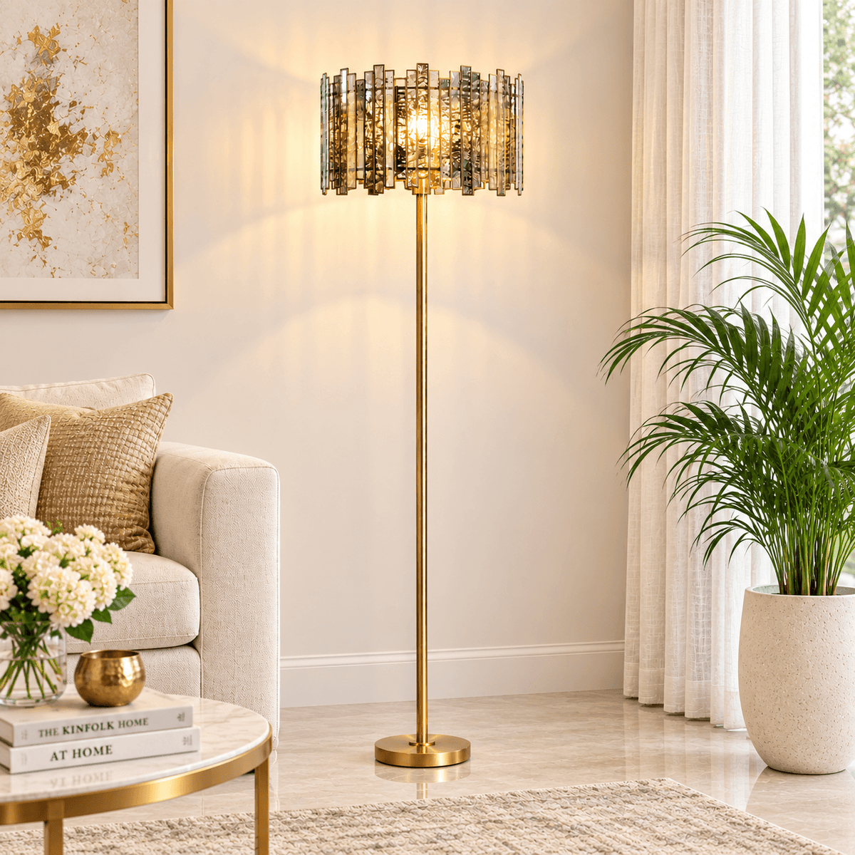 Staggered Floor Lamp with Textured Glass Panels and Gold Finish for Modern Home Décor | ILLUMEA