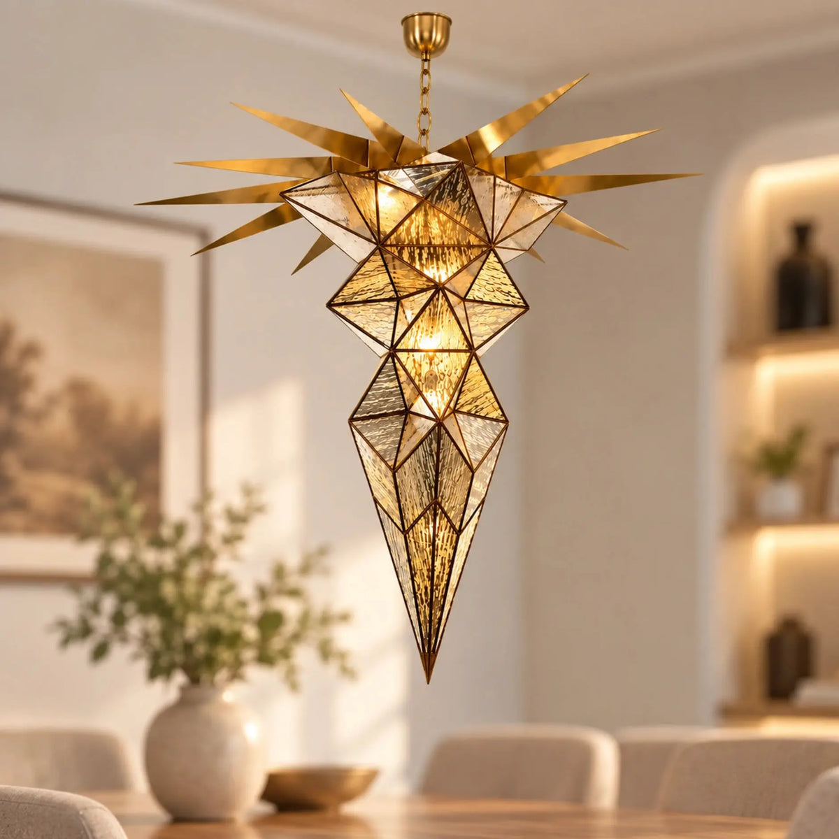 Star Burst Chandelier with Gold Geometric Spikes and Textured Glass Panels for Luxury Interior Décor | ILLUMEA