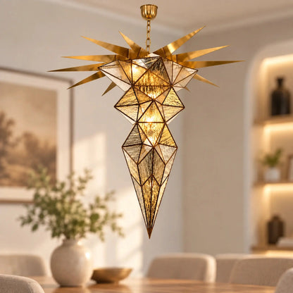 Star Burst Chandelier with Gold Geometric Spikes and Textured Glass Panels for Luxury Interior Décor | ILLUMEA
