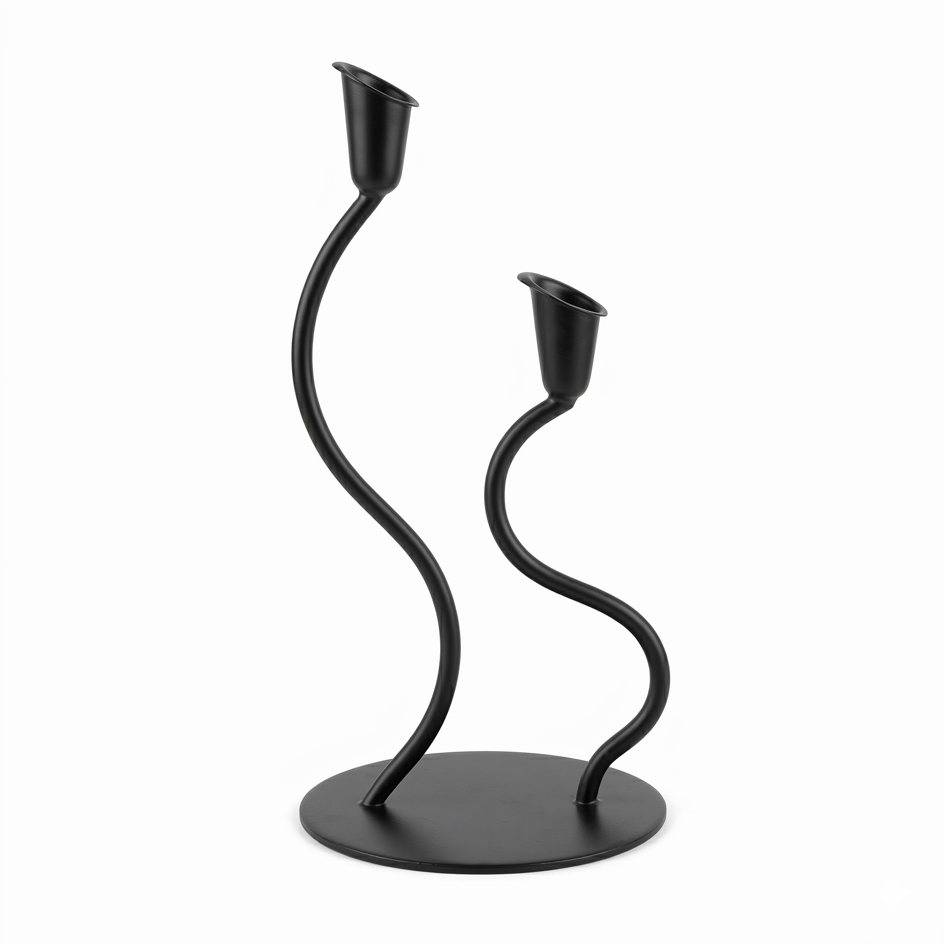 Black metal candle holder with two curved candle holders on a white background
