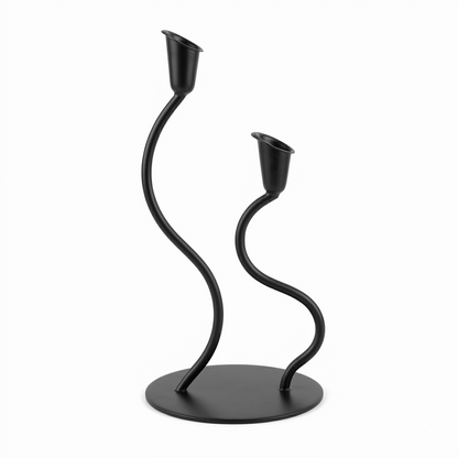 Black metal candle holder with two curved candle holders on a white background