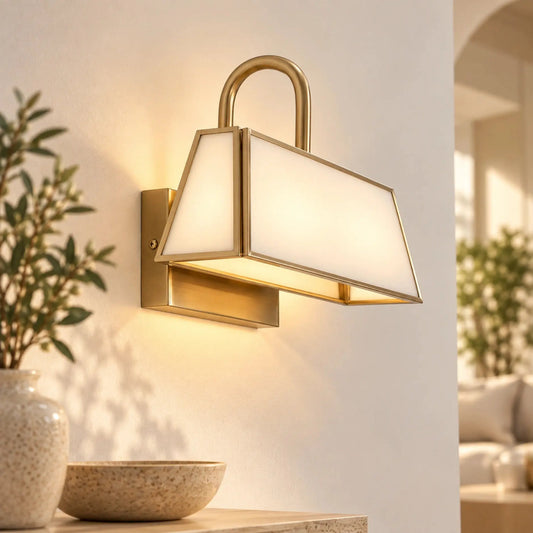 ILLUMEA Taper Strip LED Wall Lamp with brass finish and frosted glass shade for modern home interiors