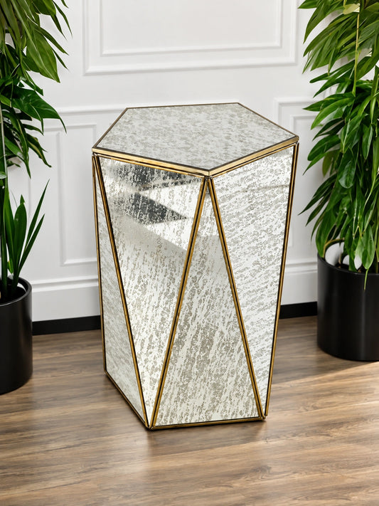 Taper Strip Pentagon Stool – ILLUMEA luxury geometric accent furniture featuring distressed antique mirror glass panels, tapered pentagon-inspired shape and elegant gold metal strip detailing