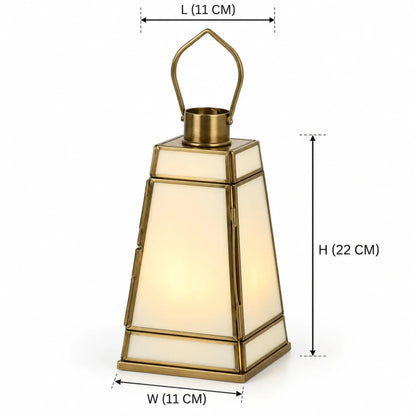 Modern luxury lantern with white glass panels and antique brass finish by ILLUMEA, ideal for creating a warm ambient atmosphere