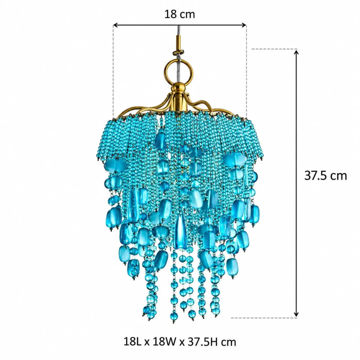 ILLUMEA Nora Turquoise Mini Chandelier with layered aqua blue beads, decorative glass drops and an antique gold metal frame for sophisticated home décor.