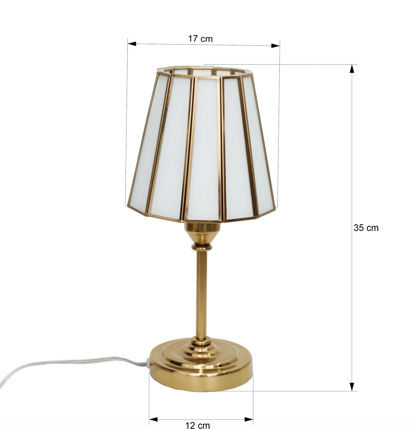 Table lamp with white shade and gold base, shown with dimensions on a white background