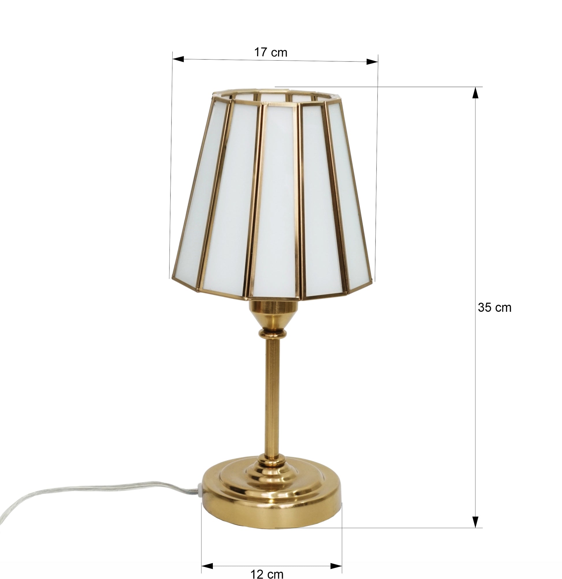 Table lamp with white shade and gold base, shown with dimensions on a white background