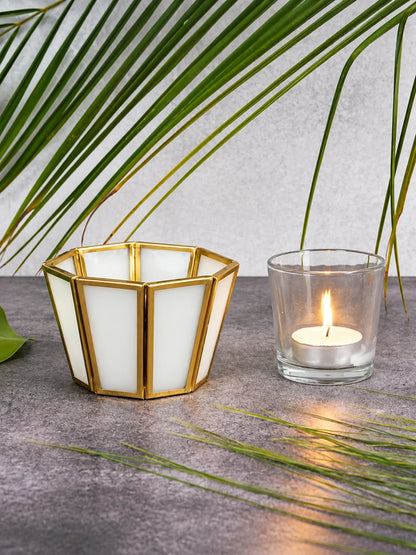 White Diamond Tealight Candle Holder – ILLUMEA handcrafted geometric candle lantern with frosted white natural glass panels and polished gold-finished brass detailing for luxury home décor