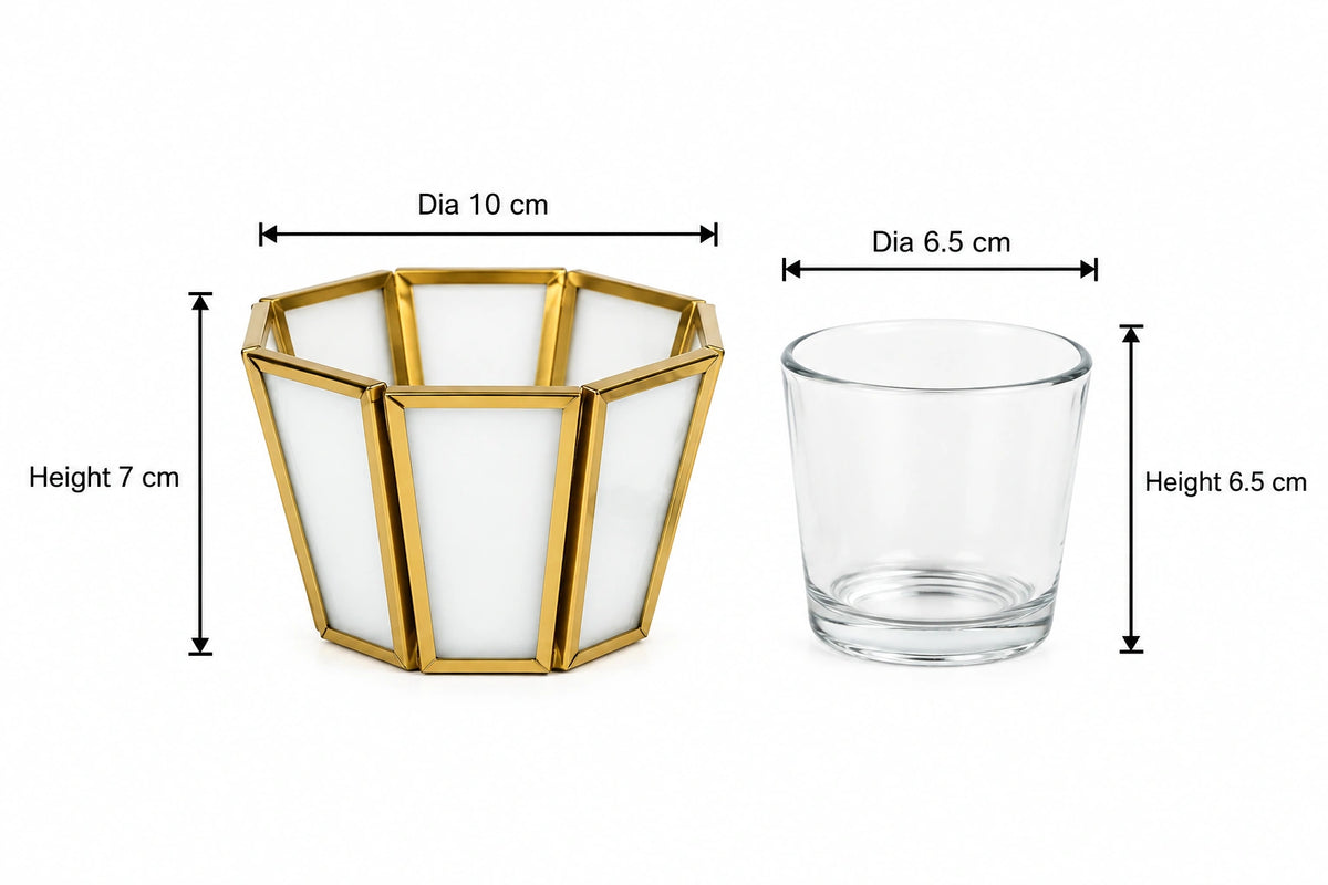 Gold and White Diamond Tealight Candle Holder – ILLUMEA premium decorative home décor accent combining white natural glass with an intricate geometric brass framework and gold finish
