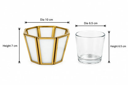 Gold and White Diamond Tealight Candle Holder – ILLUMEA premium decorative home décor accent combining white natural glass with an intricate geometric brass framework and gold finish