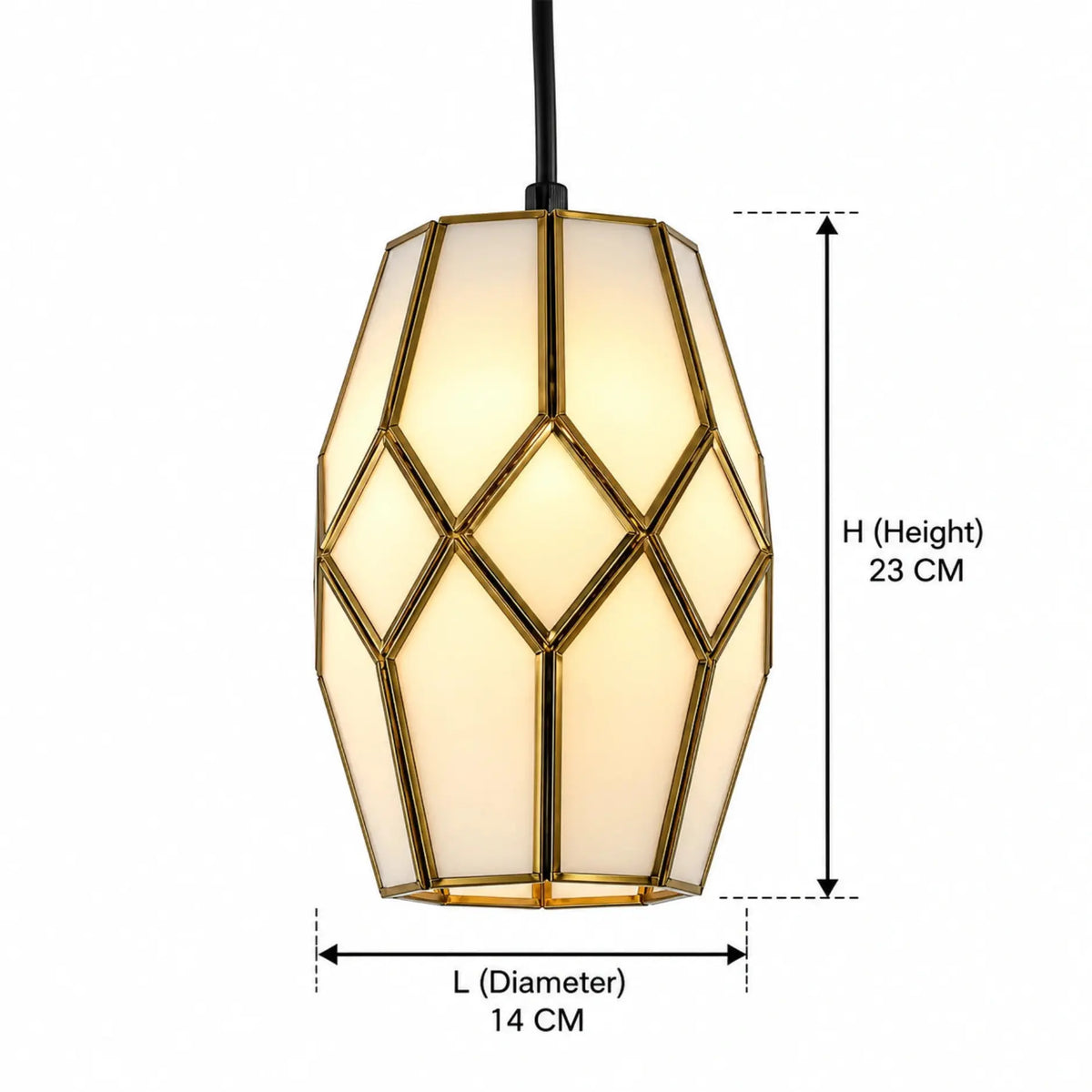 Decorative White Glass Pendant Light with Brass Geometric Frame and Warm Ambient Illumination