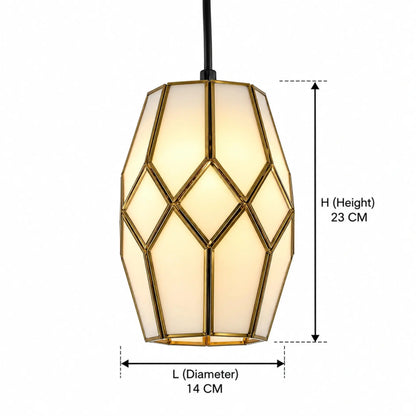 Decorative White Glass Pendant Light with Brass Geometric Frame and Warm Ambient Illumination