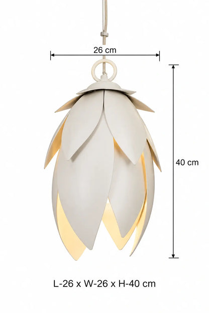 Modern white leaf pendant lamp by ILLUMEA featuring overlapping hammered leaf details and a decorative hanging design