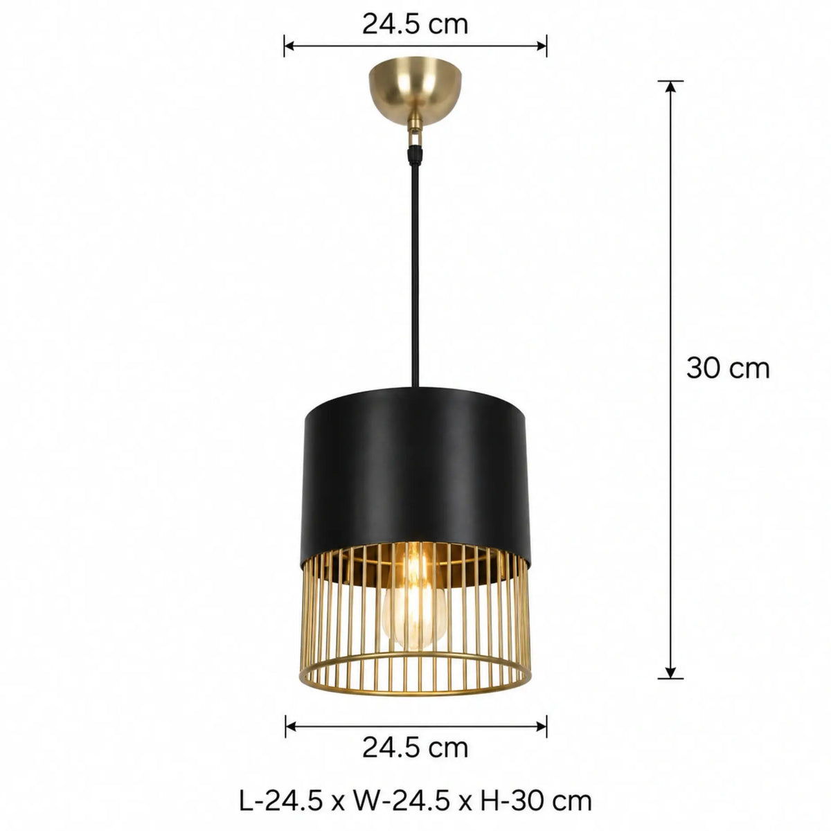 Black Wire Pendant Lamp Featuring a Sleek Cylindrical Shade and Elegant Gold Metal Cage Design | ILLUMEA