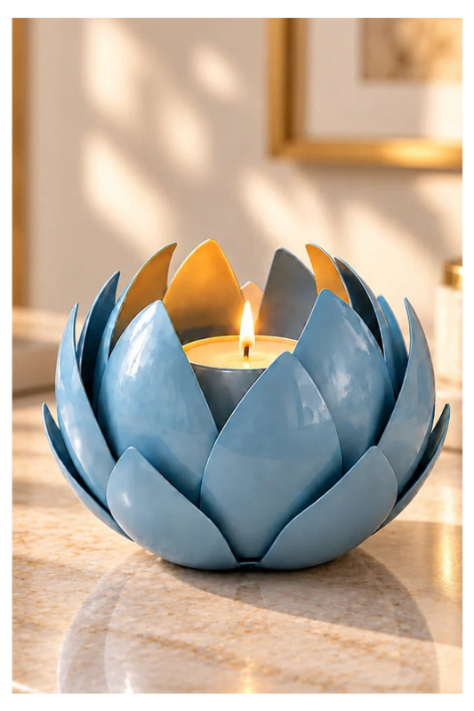 Blue Lotus Metal Leaf Hurricane Lamp, exquisite luxury decor blending elegance and nature's serenity