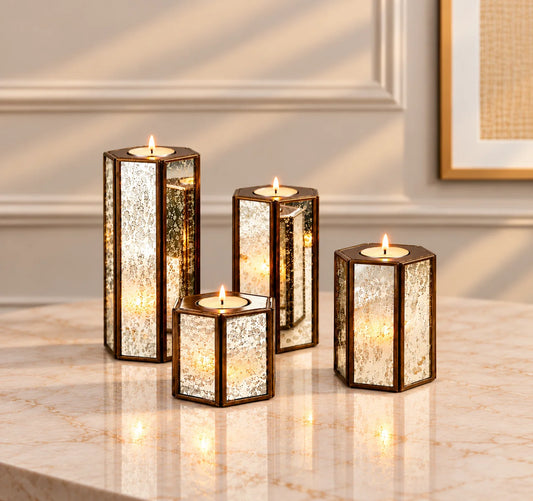 Hexa Candle Holder Set of 4 With Silver Antique Glass - ILLUMEA