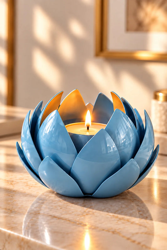 Blue Lotus Metal Leaf Hurricane Lamp, exquisite luxury decor blending elegance and nature's serenity