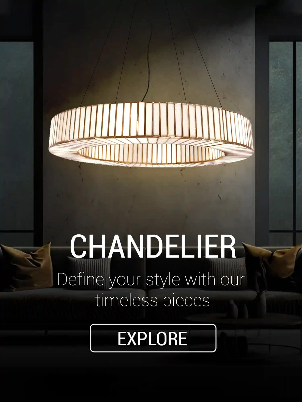Chandelier in a room with text promoting the product.