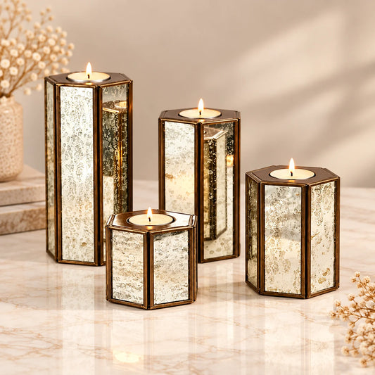 Hexa Candle Holder Set of 4 With Silver Antique Glass