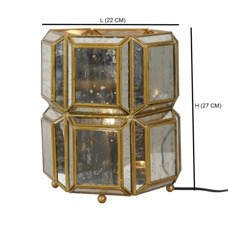 Decorative table lamp with geometric design and gold accents, shown with measurements on a white background.