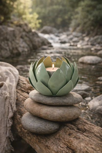 Green Metal Leaf Hurricane Candle