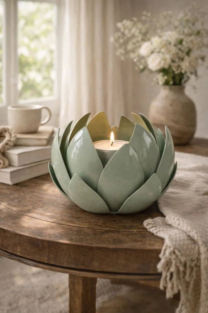 Green Metal Leaf Hurricane Candle