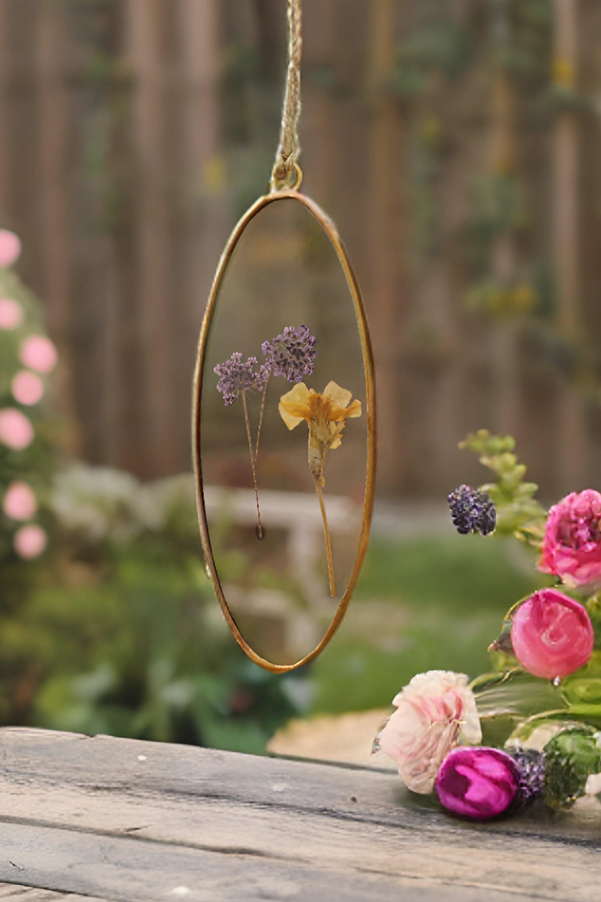 Oval Pressed Flower Glass Suncatcher Pendant