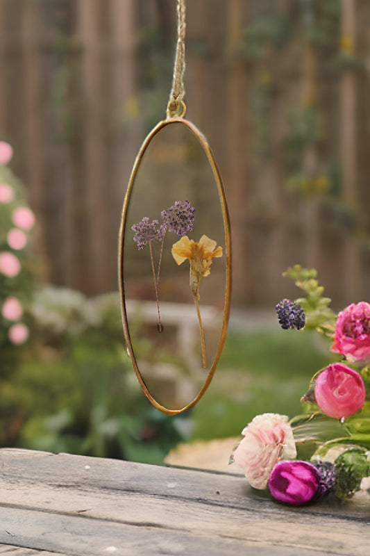 Oval Pressed Flower Glass Suncatcher Pendant