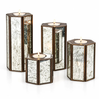 ILLUMEA Silver Antique Glass Hexa Candle Holder Set of 4 with decorative metal frames, designed for dining tables, consoles, living rooms and festive styling.