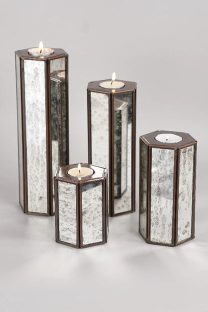 Hexa Candle Holder Set of 4 With Silver Antique Glass
