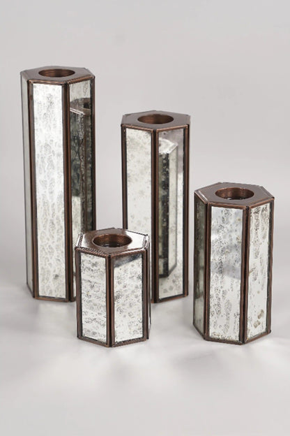 Hexa Candle Holder Set of 4 With Silver Antique Glass