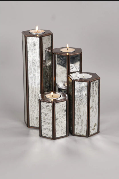 Hexa Candle Holder Set of 4 With Silver Antique Glass