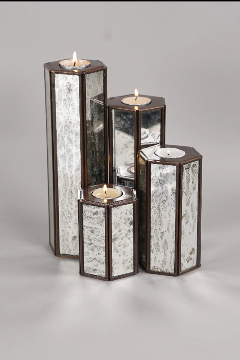 Hexa Candle Holder Set of 4 With Silver Antique Glass - ILLUMEATea light