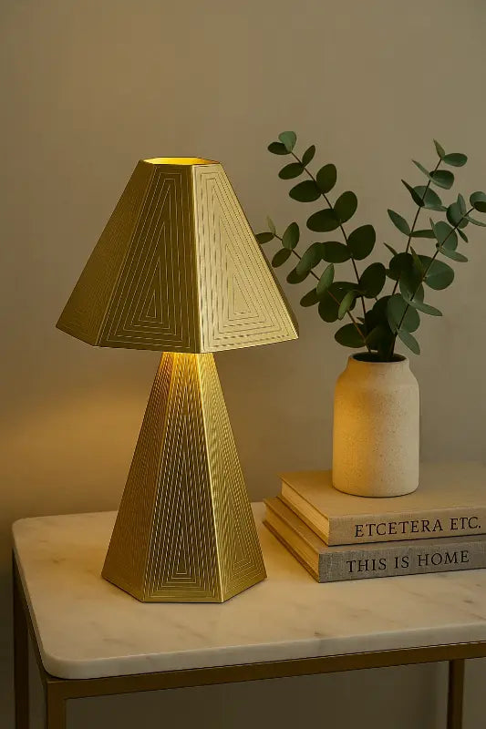 Gold table lamp on a marble surface with books and a plant in the background