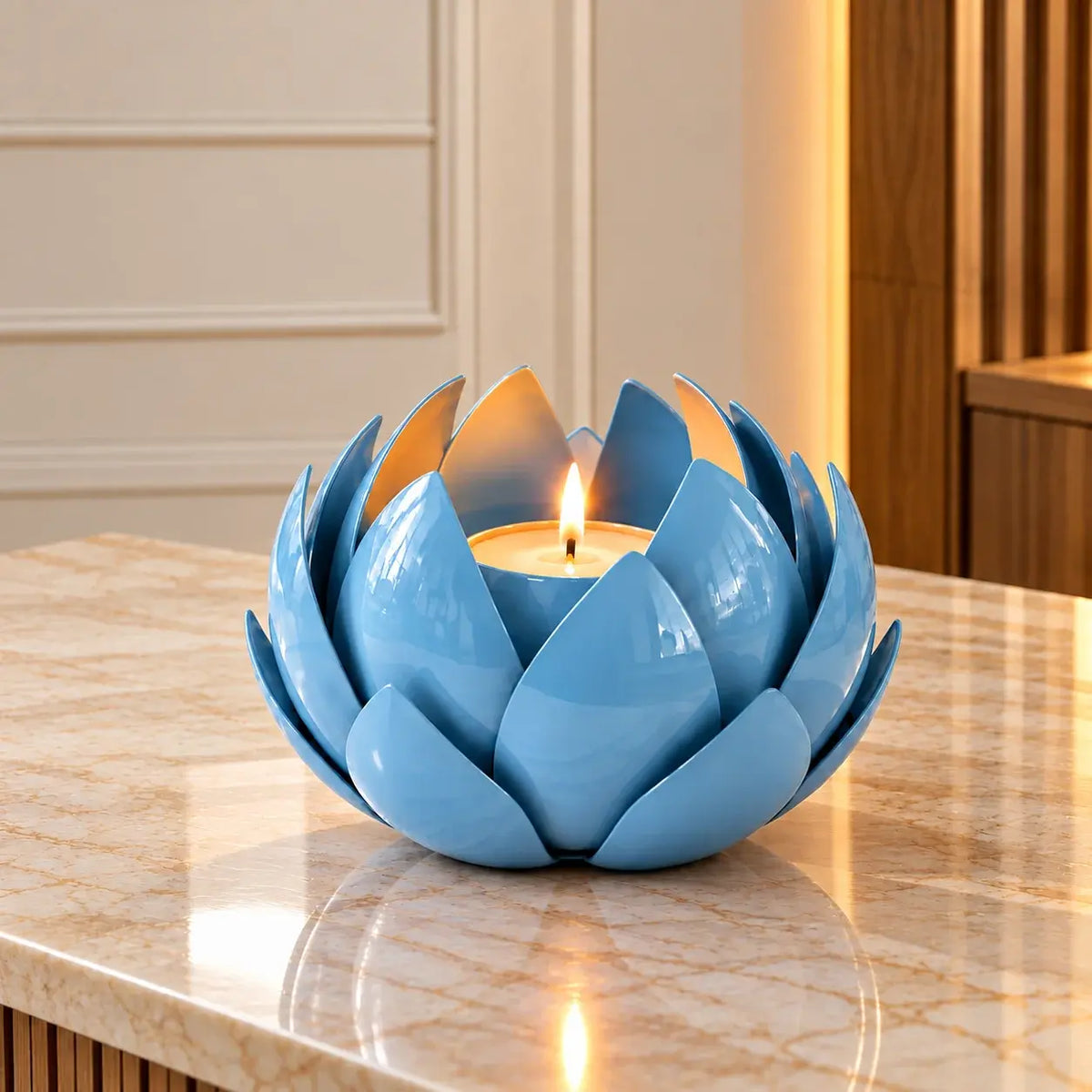 Blue Lotus Metal Leaf Hurricane Lamp, exquisite luxury decor blending elegance and nature's serenity