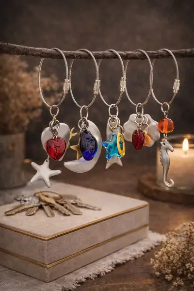 Set of decorative hooks with various charms on a wooden surface with a candle in the background.