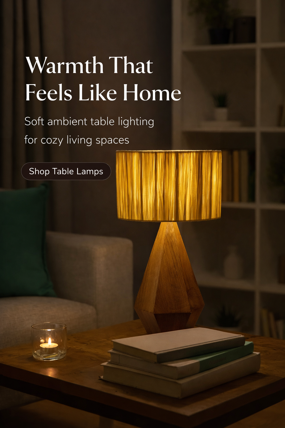 Table lamp emitting warm light on a wooden table with books and a candle, in a cozy living room setting.