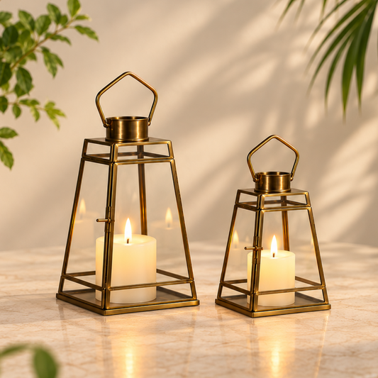 Antique Glass Hanging Lamp – ILLUMEA with brass framing, clear transparent glass and a curved hanging handle, creating a timeless decorative look for modern and classic interiors.